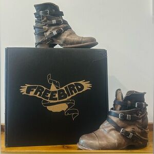 Crue Grey Multi Freebird Distressed Brown Leather Boots with Buckles